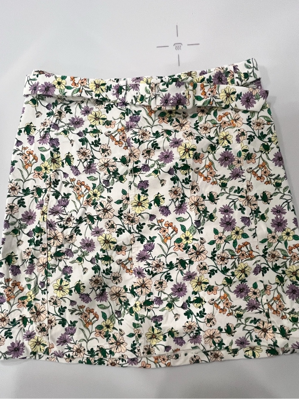 LOFT White Floral Mini Skirt with Lavender, Yellow and Green Print